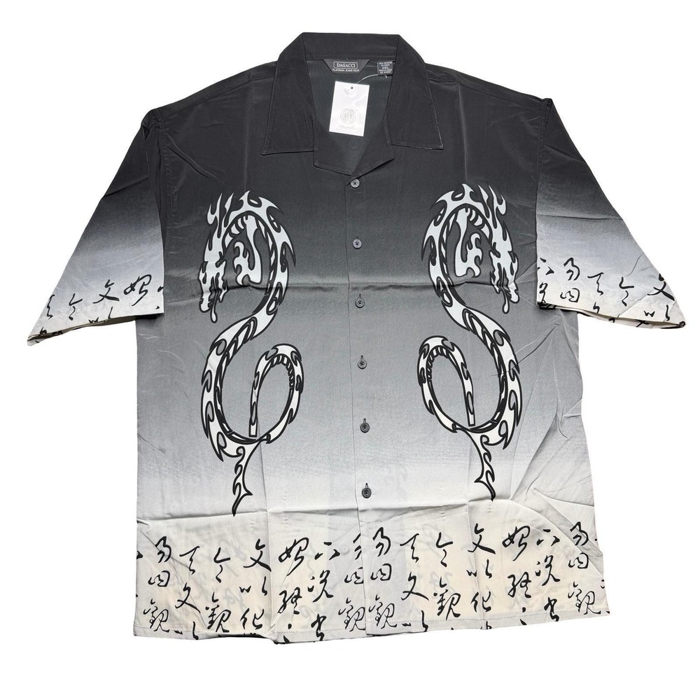 Vintage 2000s Y2K Dagacci‎ dragon polyester black gray baggy loose shirt 2XL XXL